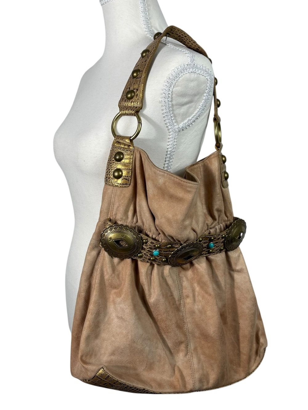 Vintage Kathy Van Zeeland Buckle Chunky Belted Turquoise Beaded Slouchy Hobo Bag